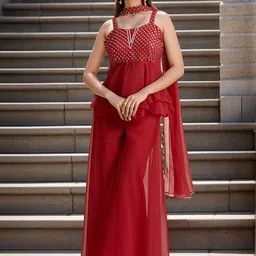 Samyukta Singhania Geometric Embroidered Mirror Work Top With Palazzos & Dupatta-picture-2