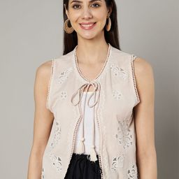 Amagyaa Tie-Up Neck Sleeveless Tasselled Cotton Shrug-25
