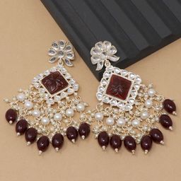 BELWICK Silver-Plated Kundan Studded And Pearls Beaded Diamond Shaped Drop Earrings-image-99