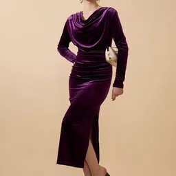 SHOWOFFFF Edition Women's Draped Velvet Purple Bodycon Maxi Dress with Side Slit-image-27