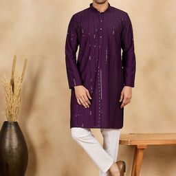 House of Pataudi Striped Embroidered Mandarin Collar Straight Kurta-image-14
