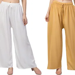 Pack of 2 Women Flared White, Gold Viscose Rayon Trousers-picture-3