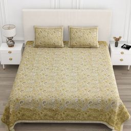TrueYarns Yellow & White Ethnic Motifs 210 TC King Bedsheet with 2 Pillow Covers-image-87