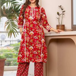 KJFAB Women Maroon & Green Floral Printed White Panelled Pure Cotton Kurta with Trouser-image-19