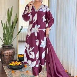 Shatanuvart Export Floral Printed Chanderi Silk A-Line Kurta With Trousers & Dupatta-picture-12