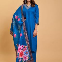 Wedani Floral Yoke Design Sequinned Pure Cotton Straight Kurta With Trouser & Dupatta-image-70