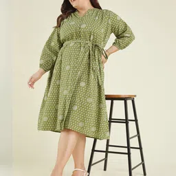 Janasya Women Plus Size Olive Green Floral Print Puff Sleeve Pure Cotton A-Line Midi Dress-image-83