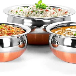 Pack of 3 Stainless Steel Cooking & Serving Copper Bottom Handi Set Biryani Pot Punjabi Handi for Home K0 Dinner Set-7