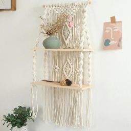 Saaz Macrame Wall Shelf hanger for living room bedroom luxury house design Wooden Wall Shelf-image-42