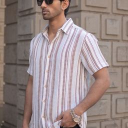 Powerlook Men Spread Collar Vertical Striped Cotton Casual Shirt-image-50