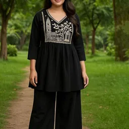 KALINI Floral Embroidered V-Neck Thread Work Cotton A-Line Kurta With Palazzos-picture-21