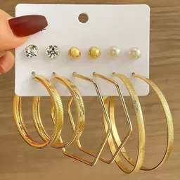GOLDIWALA Set Of 6 Gold Plated Pearls Beaded Geometric Hoop Earrings-7