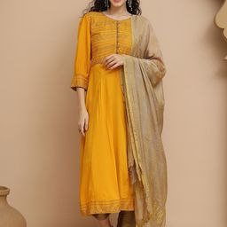 Tulsattva Women Floral Yoke Design Regular Kurta with Trousers & Dupatta-picture-16