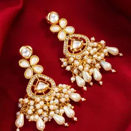 aadita Gold-Plated Kundan Studded And Pearls Beaded Contemporary Drop Earrings-7