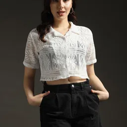 emeros Women Floral Self Design Lace Inserts Lapel Collar Shirt Style Net Crop Top-picture-13