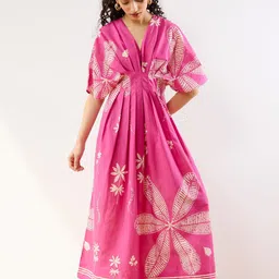 Rustorange Periwinkle Printed Cotton Pleated Maxi Dress-image-83