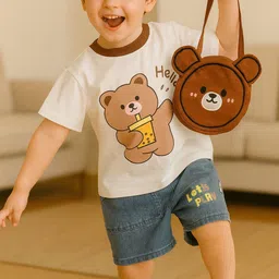 Bold N Elegant Unisex Kids Cartoon Bear T-shirt & Denim Shorts Set with Bag-picture-16