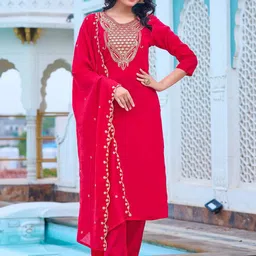 PEENGAX Floral Yoke Design V-Neck Chanderi Silk Straight Kurta With Trousers & Dupatta-picture-23