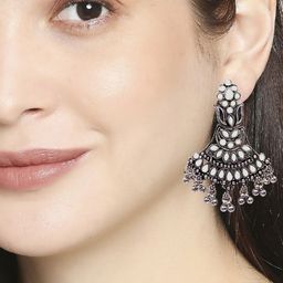 Sangria Oxidised Kundan Stone Studded & Beaded Earrings image 5