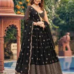 Ethnic Yard Embroidered Mirror Work Semi-Stitched Lehenga & Unstitched Blouse With Dupatta-23