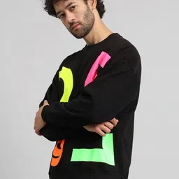 GRIFFEL Men Alphanumeric Printed Round Neck Fleece Pullover Sweatshirt image 3