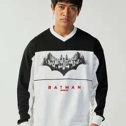 Bewakoof Men Official DC Merchandise Batman White & Black Color Block Oversized Sweatshirt-image-1