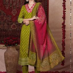 KALINI Bandhani Printed Embroidered Thread Work Kurta with Trousers & Dupatta-picture-32