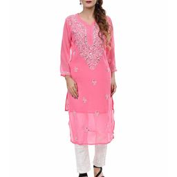 BEAUTY CHIKAN HANDICRAFTS Ethnic Motifs Embroidered Mirror Work Georgette Straight Kurta-image-67