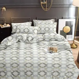 MORADO Cream-Coloured & Grey Geometric 260 TC Queen Bedsheet with 2 Pillow Covers-20
