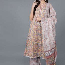 KALINI Floral Printed Empire Mandarin Collar Pure Cotton Kurta With Palazzos & Dupatta-image-24