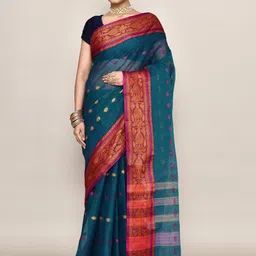 PUKU Ethnic Motifs Patchwork Pure Cotton Handloom Taant Saree-picture-42