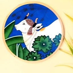 apka mart Blue & White Wooden Pichwai Cow Wall Art-image-48
