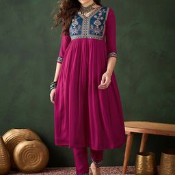 Sangria Floal Embroidered A-Line Kurta Set-34