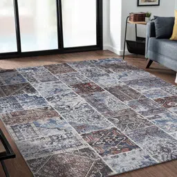 OBSESSIONS Grey & Brown Geometric Anti-Skid Polyester Carpet-12