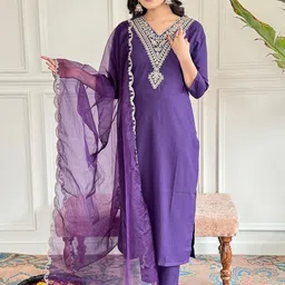 KALINI Floral Embroidered V-Neck Straight Kurta With Trousers & Dupatta-picture-43