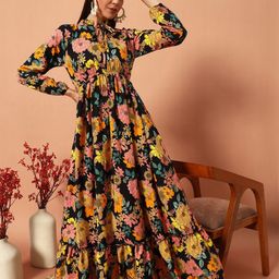 Femvy Women Floral Printed Tie-Up Neck Puff Sleeve Fit & Flare Maxi Dress-image-49