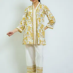 Rustorange Ochre Yellow Sanganeri Printed Cotton Co-ord Set-image-95