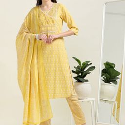 neonari Floral Printed V-Neck Pure Cotton Straight Kurta With Trousers & Dupatta-image-33