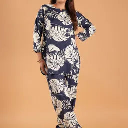 Based Leaf Printed Pure Cotton Tunic With Trouser Co-Ords-82