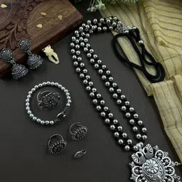 NAMAN ARTS Kusha 2 Line Silver Plated Oxidised Jewellery Set-64