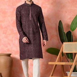 7 GEN Geometric Embroidered Mandarin Collar Thread Work Straight Kurta With Trouser-image-51
