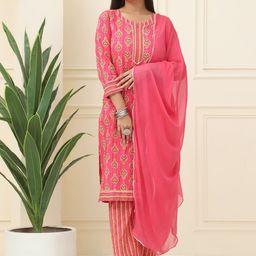 Feel Clath Floral Printed Gotta Patti Pure Cotton Straight Kurta With Trousers & Dupatta-image-25