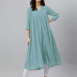 Janasya Women Blue Dobby Chiffon Self Design Flared Kurta-image-81