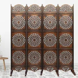 shilpi Brown Handcarved Wooden Room Divider Four Panels In Circular Floral Pattern With Stand-picture-35