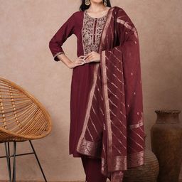 FASHOR Women Ethnic Motifs Embroidered Regular Kurta with Trousers & With Dupatta-picture-11