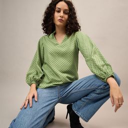 The Roadster Lifestyle Co. Micro Ditsy Printed Puff Sleeves Top-image-80