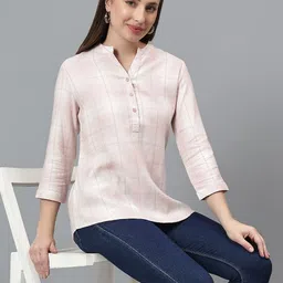 Cantabil Women Cotton Checked Roll-Up Sleeves Shirt Style Top-image-9