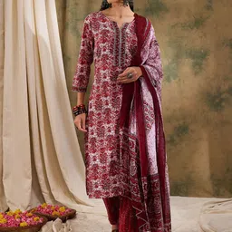 DIVASTRI Women Floral Printed Regular Pure Cotton Kurta with Trousers & With Dupatta-20