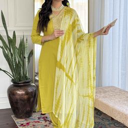 VARNI FABRICS Floral Yoke Design V Neck Thread Work Straight Kurta With Trousers & Dupatta-picture-52
