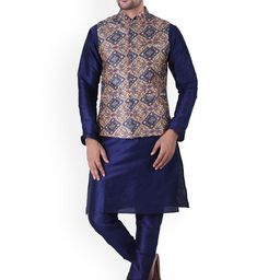 Sadree Mandarin Collar Dupion Silk Kurta And Churidar With Nehru Jacket Set-picture-0